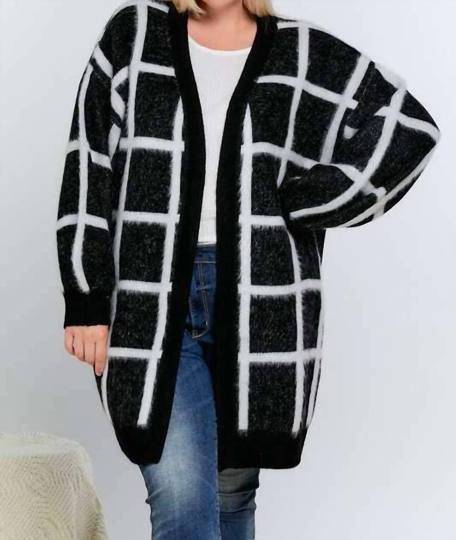 Davi & Dani - Plaid Fit Knit Long Cardigan - Plus