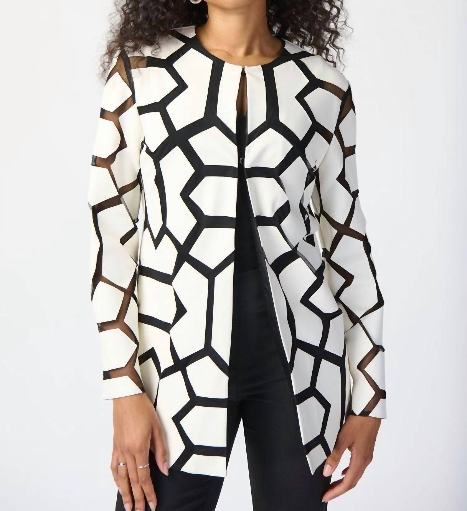 Joseph Ribkoff Lyssa Laser-cut Leatherette On Mesh Jacket in vanilla and black - women's jacket