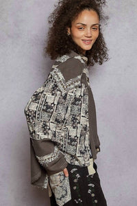Pol - High Neck Printed Contrast Stud Shirt Top