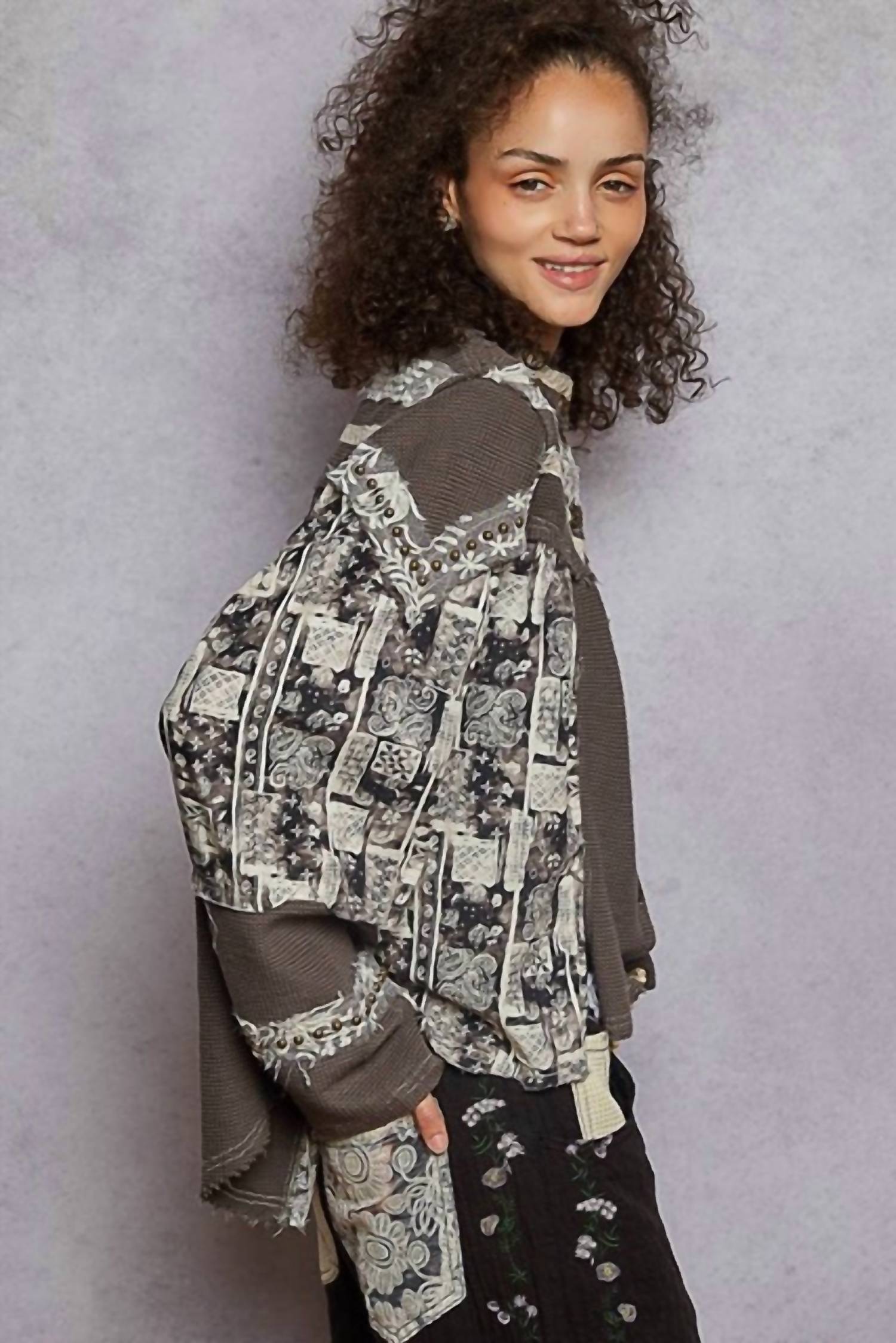Pol - High Neck Printed Contrast Stud Shirt Top