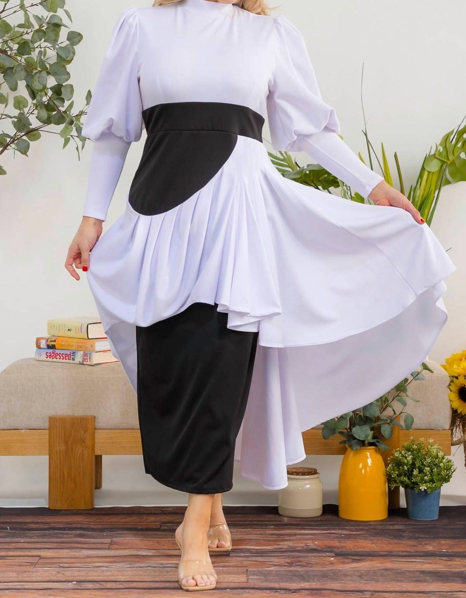 Karen Kane Two Tone Long Sleeve Maxi Dress in white black - women's dress