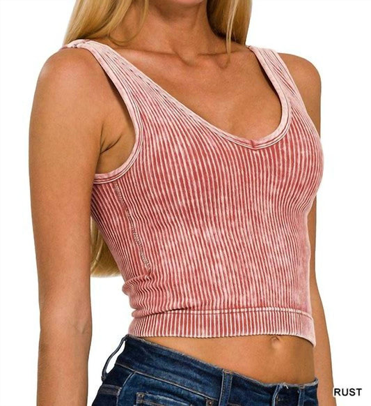 Zenana - Ribbed Cropped V-Neck Bra Tank Top