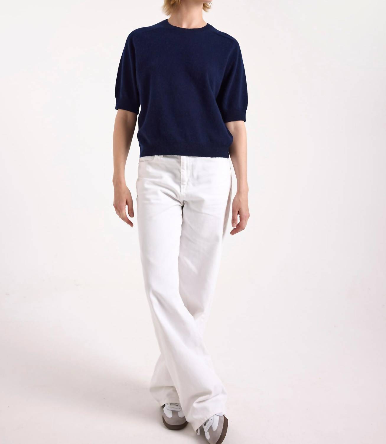 Brodie Cashmere Paige Cashmere Tee in navy - women's sweater - detail view