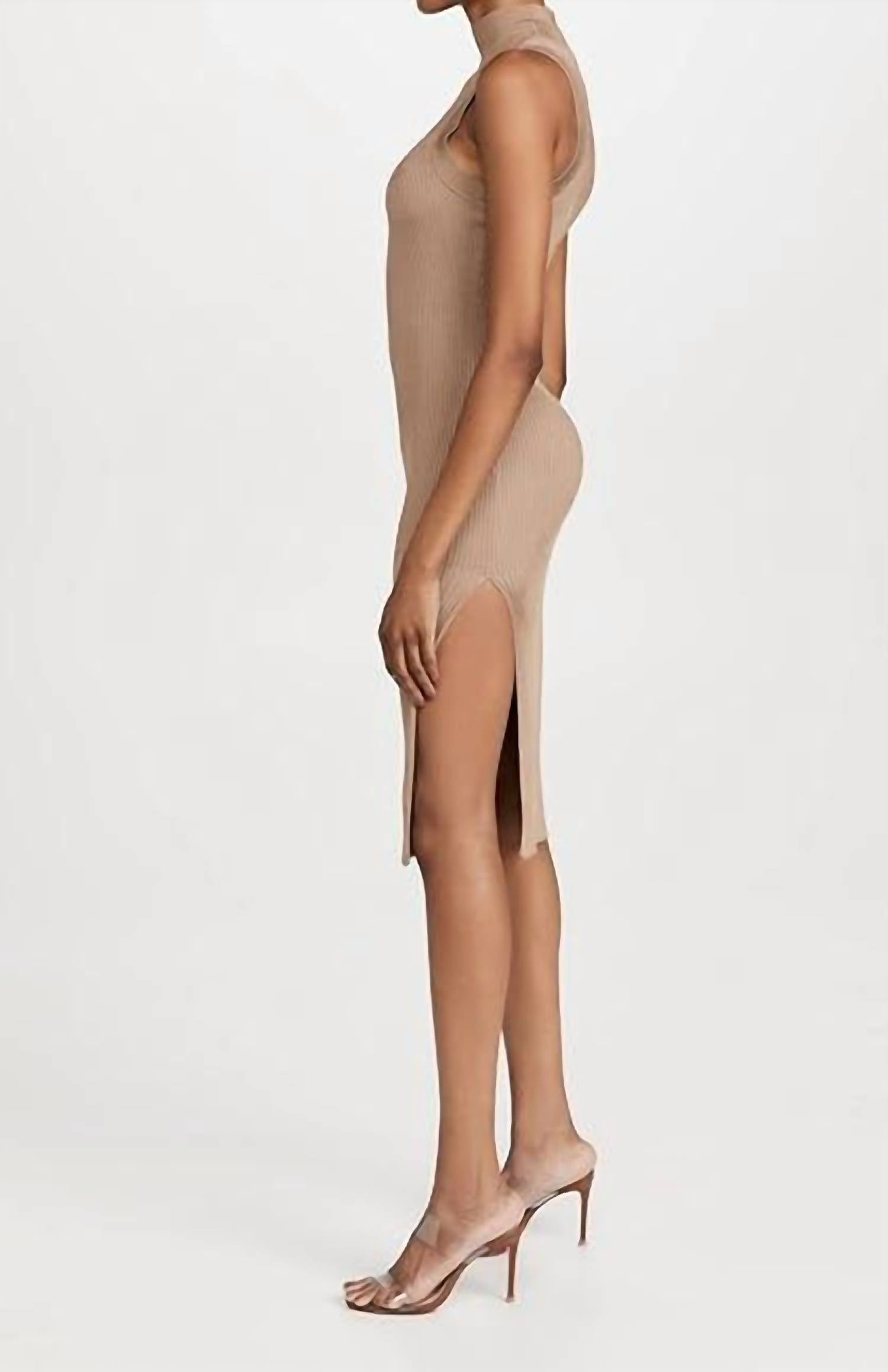 GOOD AMERICAN Plaited Rib Midi Dress in tan - women's dress - alternate view