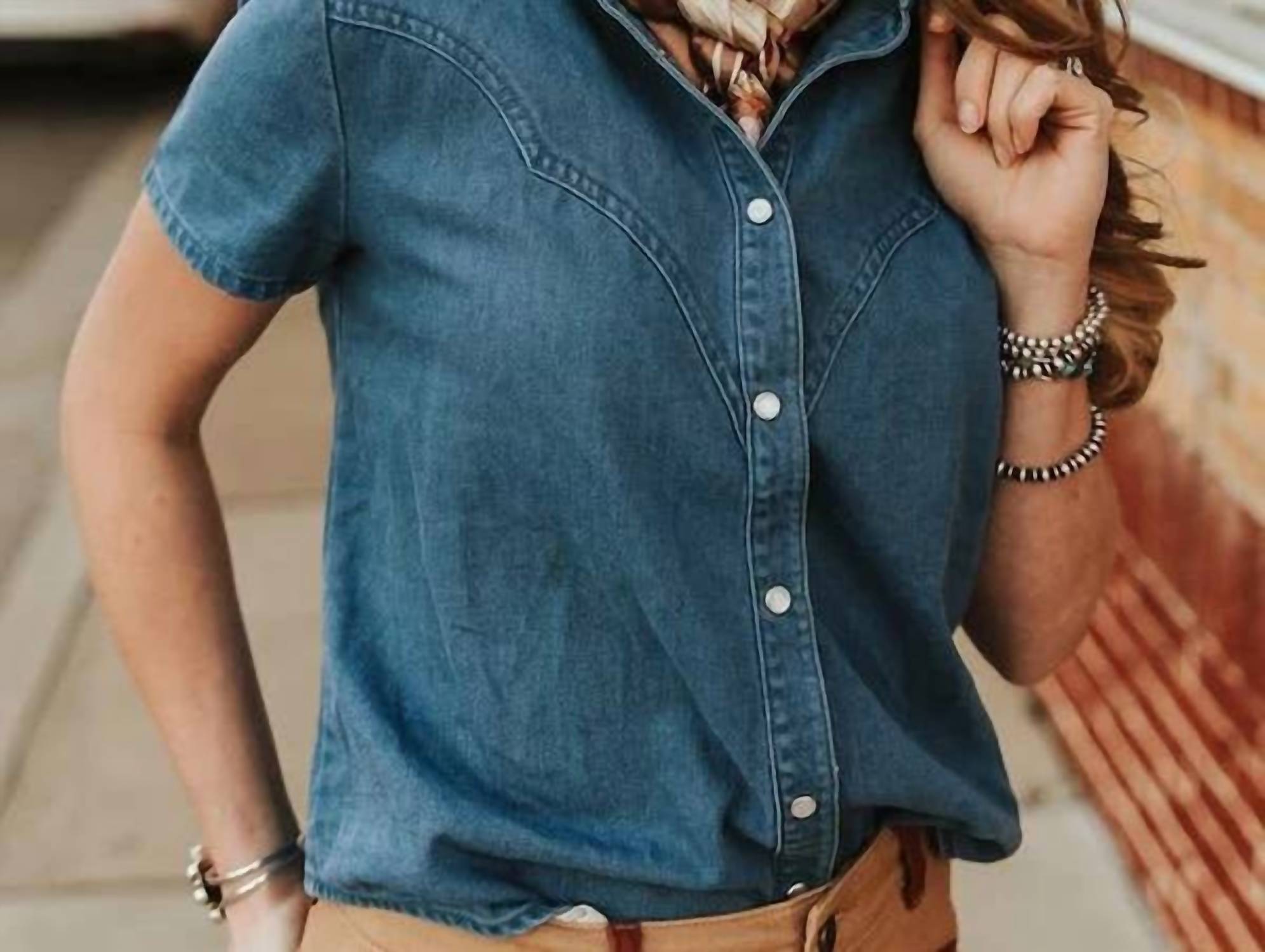 Lucky & Blessed - Stretch Denim Pearl Snap Boot-stitch Top