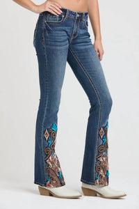 Grace In La - WESTERN EMBROIDERY HEM DETAIL FLARE JEANS