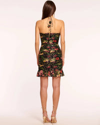 Ramy Brook Margret Ruched Ruffle Mini Dress in midnight floral - women's dress - detail view