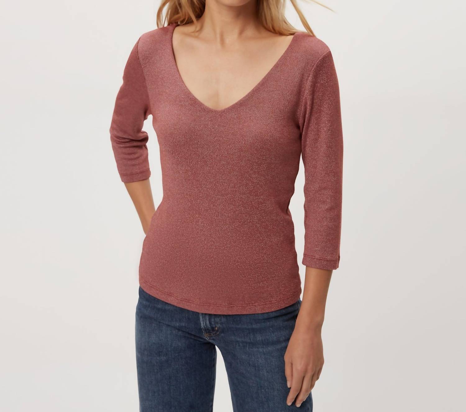 Michael Stars Angelina Shine V-neck Tee in muse - women's long sleeve top - detail view