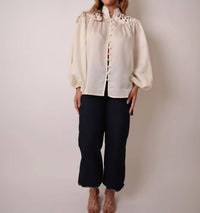 Beulahstyle - Eyelet Lace Long Sleeve Blouse