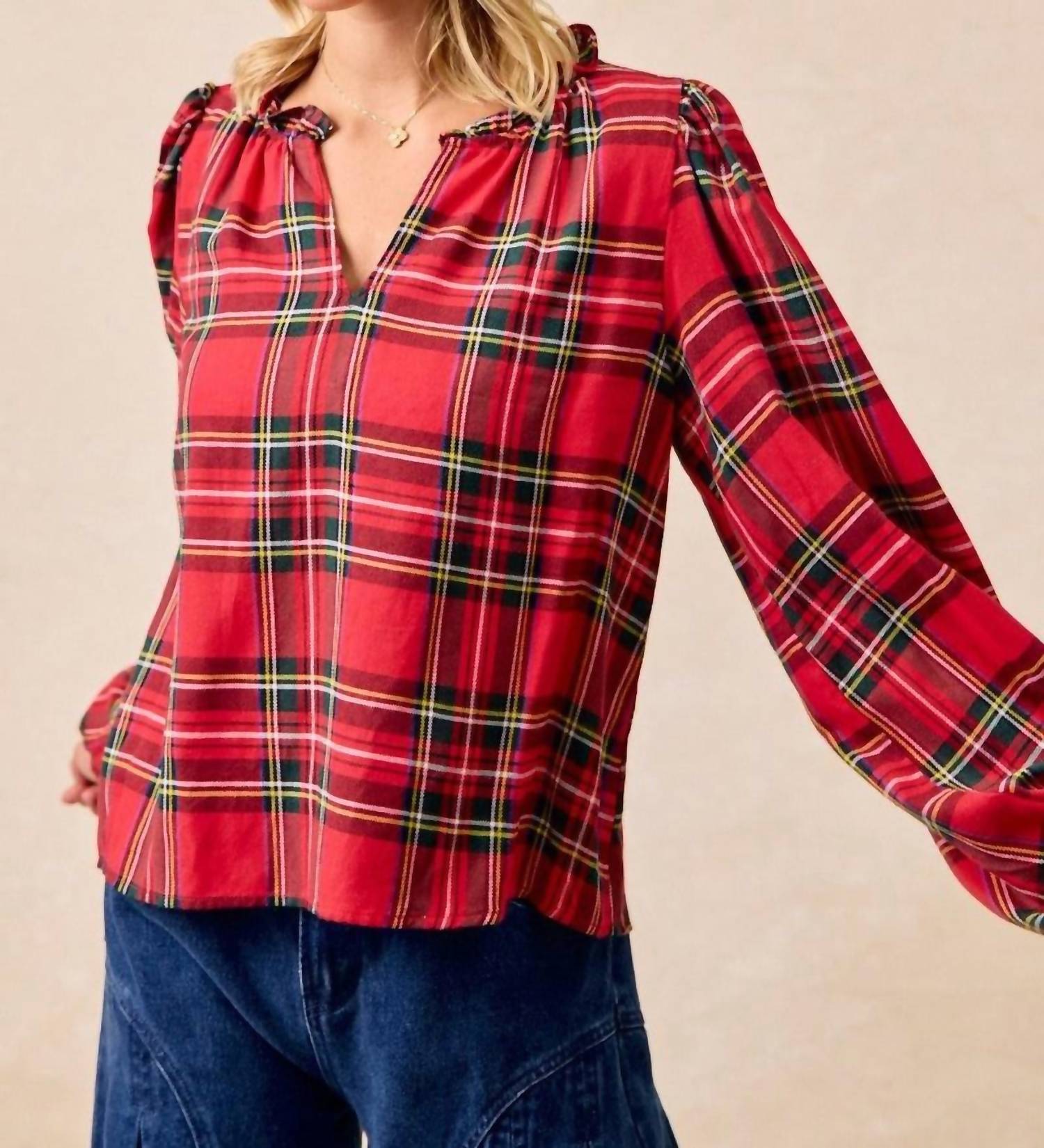 Bibi - Christmas Plaid Balloon Sleeved Top
