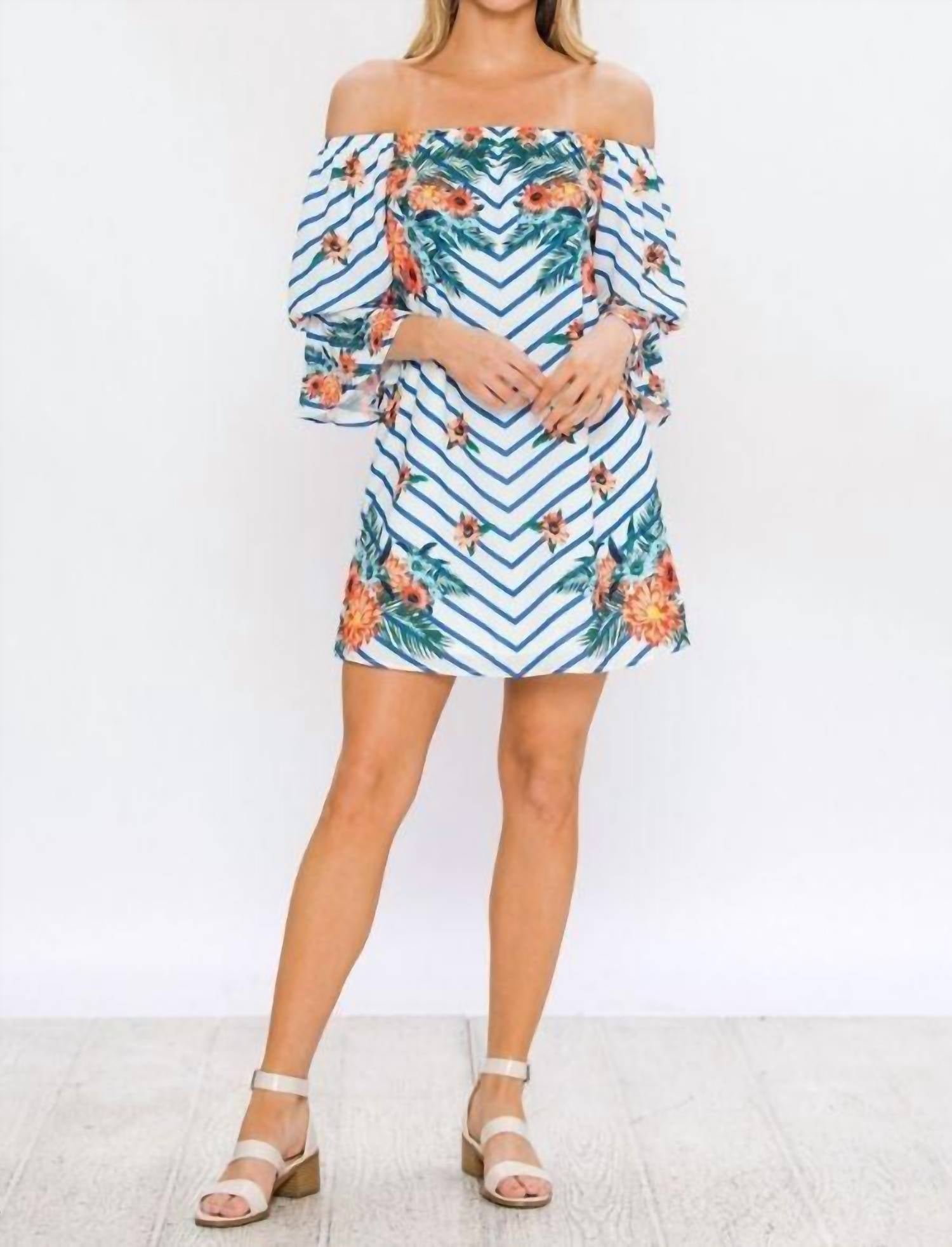 Jealous Tomato - Chevron Stripes Floral Shift Dress
