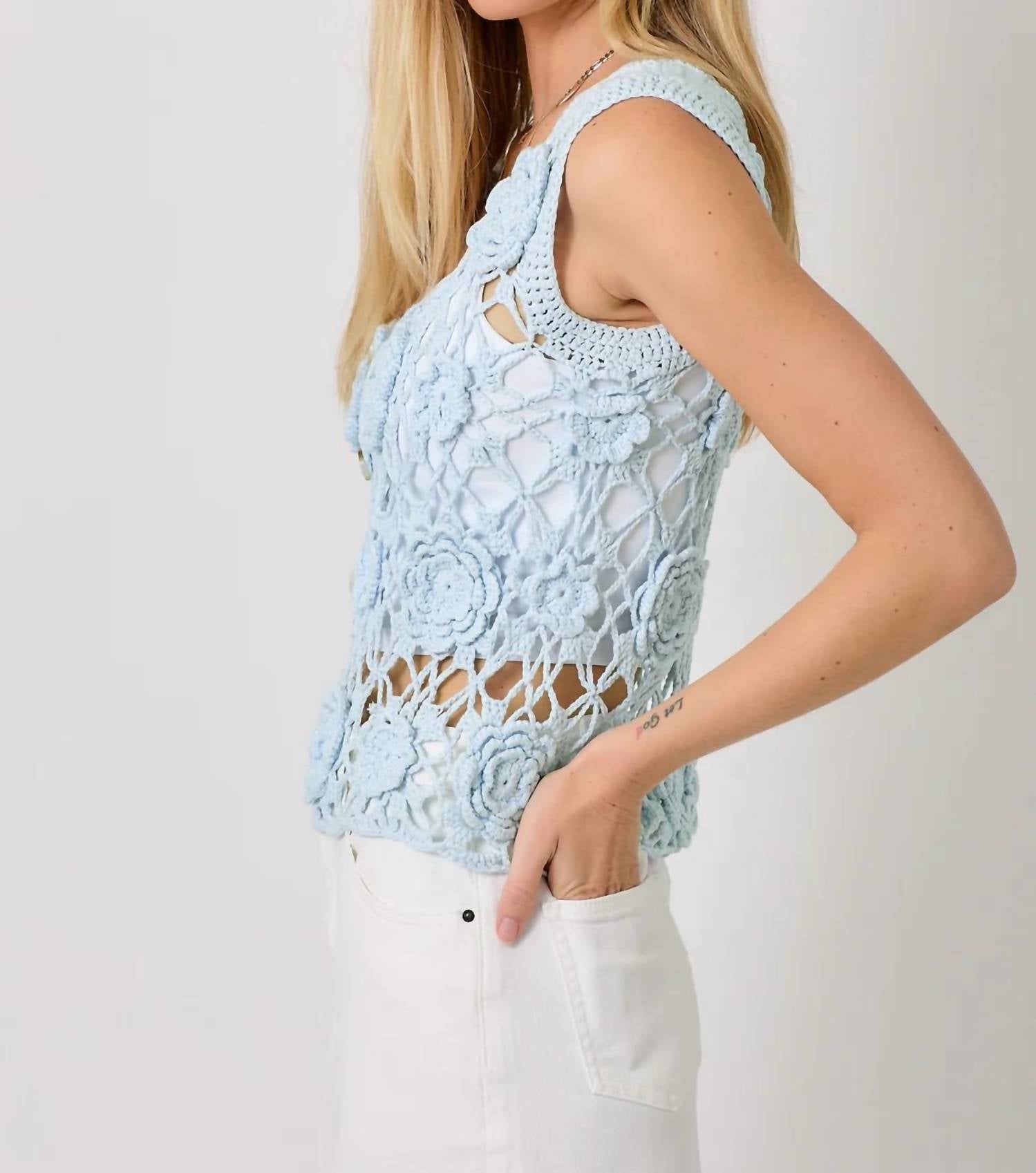 Mystree - Sleeveless Button Front Crochet Top