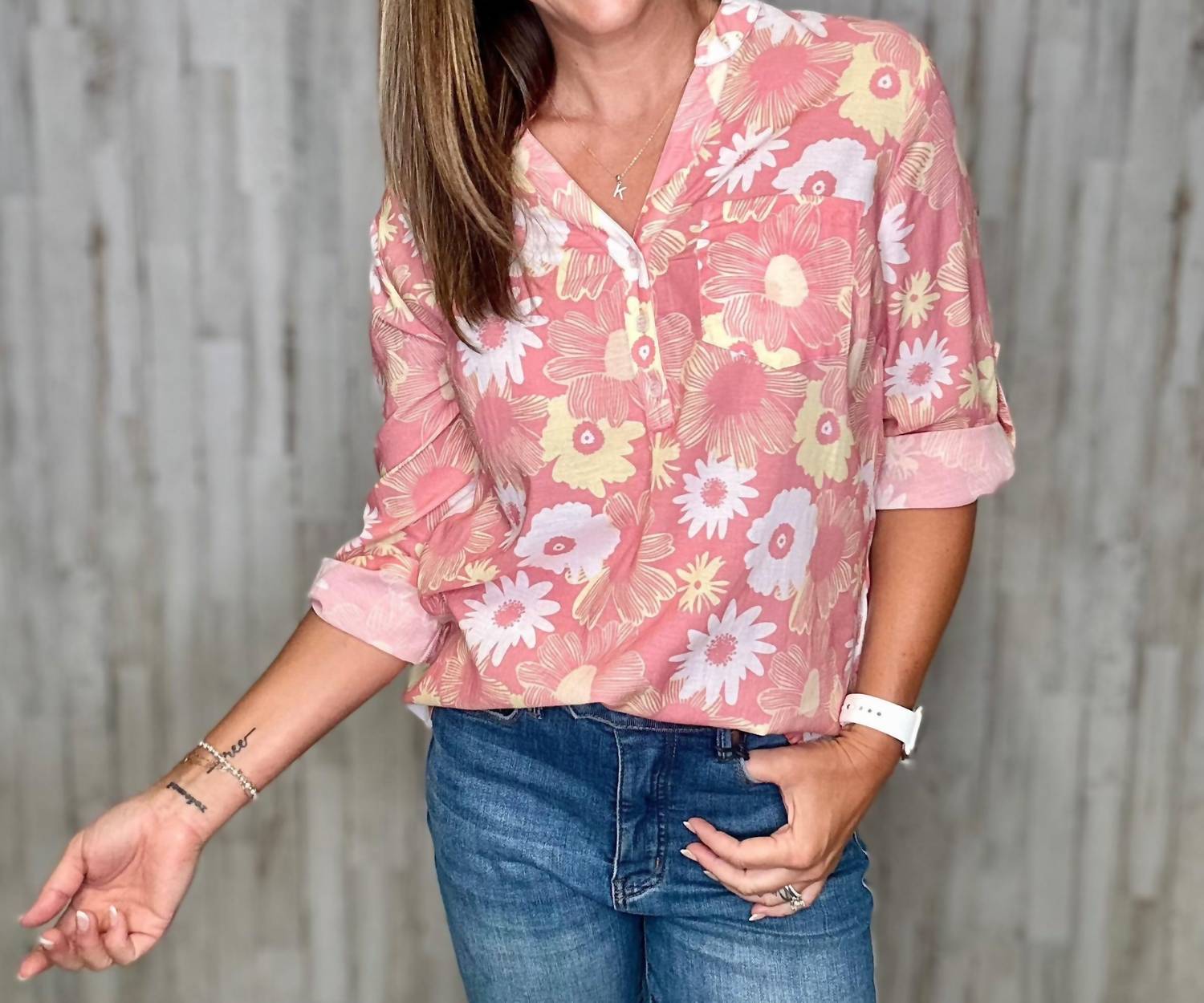 CHARLIE B Floral Cosmos Blouse in pink - women's blouse - detail view