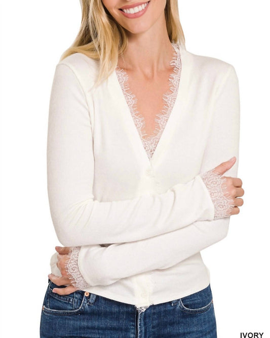 Zenana - Lace Trim Ribbed Cardigan
