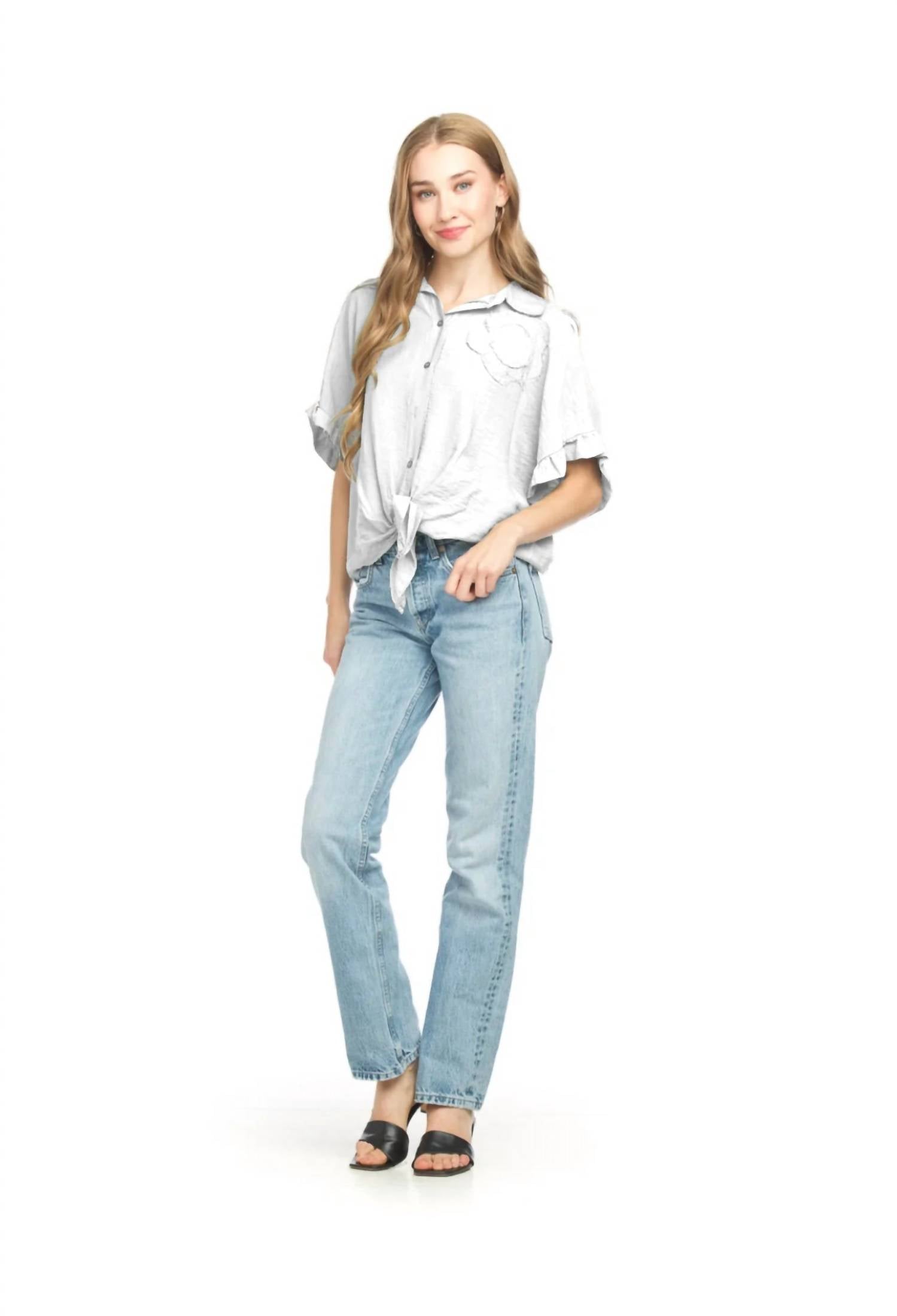 Papillon - Floral Accent Tie Waist Button Up Top