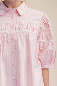 Glam - Puff Sleeve Contrast Detail Stripe Shirt Top