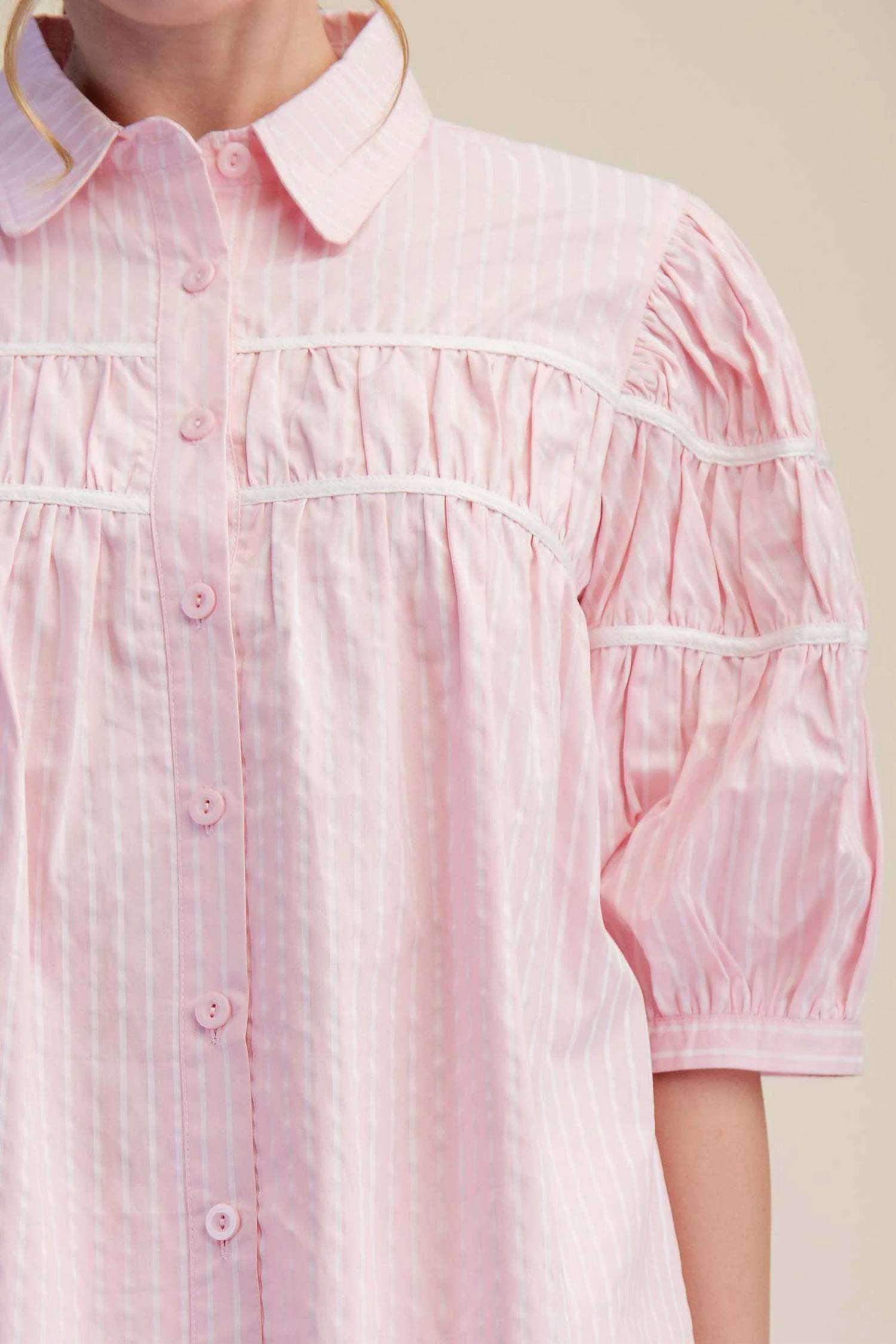 Glam - Puff Sleeve Contrast Detail Stripe Shirt Top