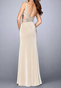 La Femme - Glittering Stripes Crisscross Evening Dress