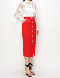 Ina Fashion - Rhinestone Button Down Midi Skirt
