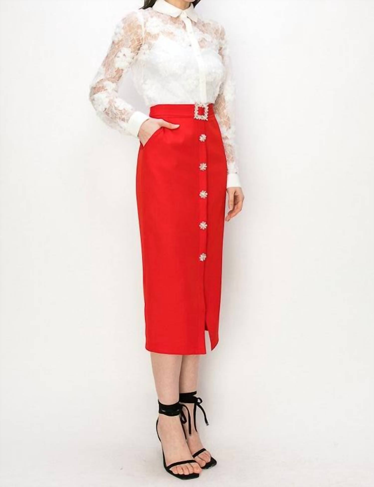 Ina Fashion - Rhinestone Button Down Midi Skirt