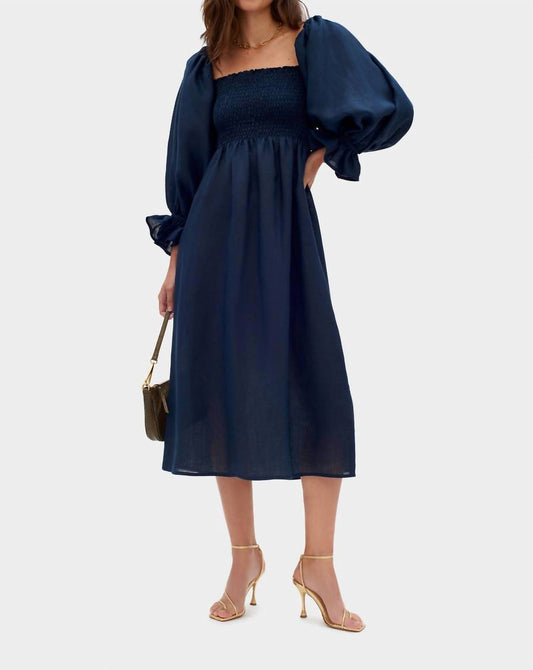 Sleeper - Atlanta Puff Long Sleeve Linen Midi Dress
