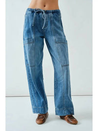 Aaron & Amber - Drawstring Waist Straight Soft Denim Pants