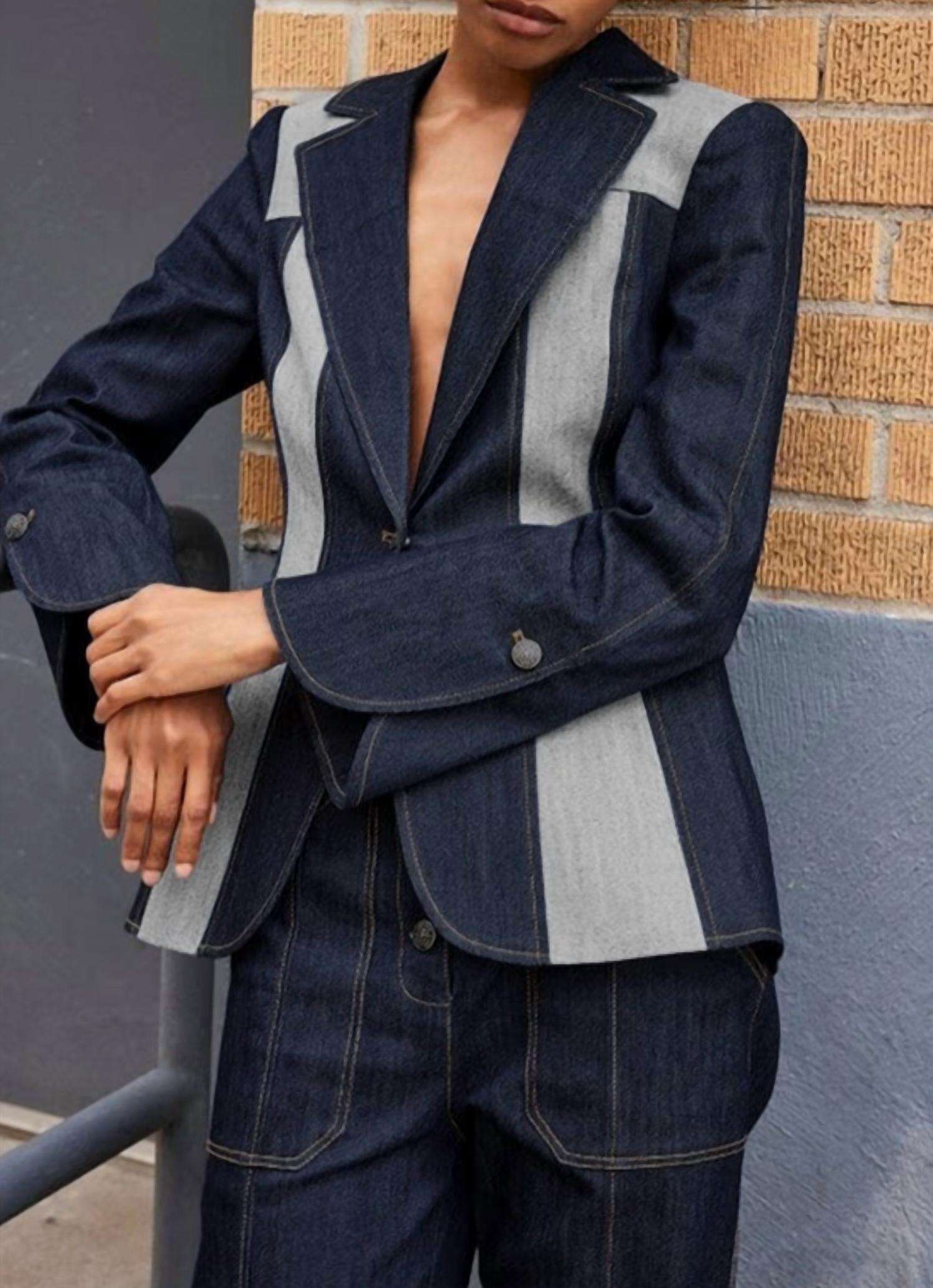 Stylewe - Long Denim Patchwork Blazer Jacket