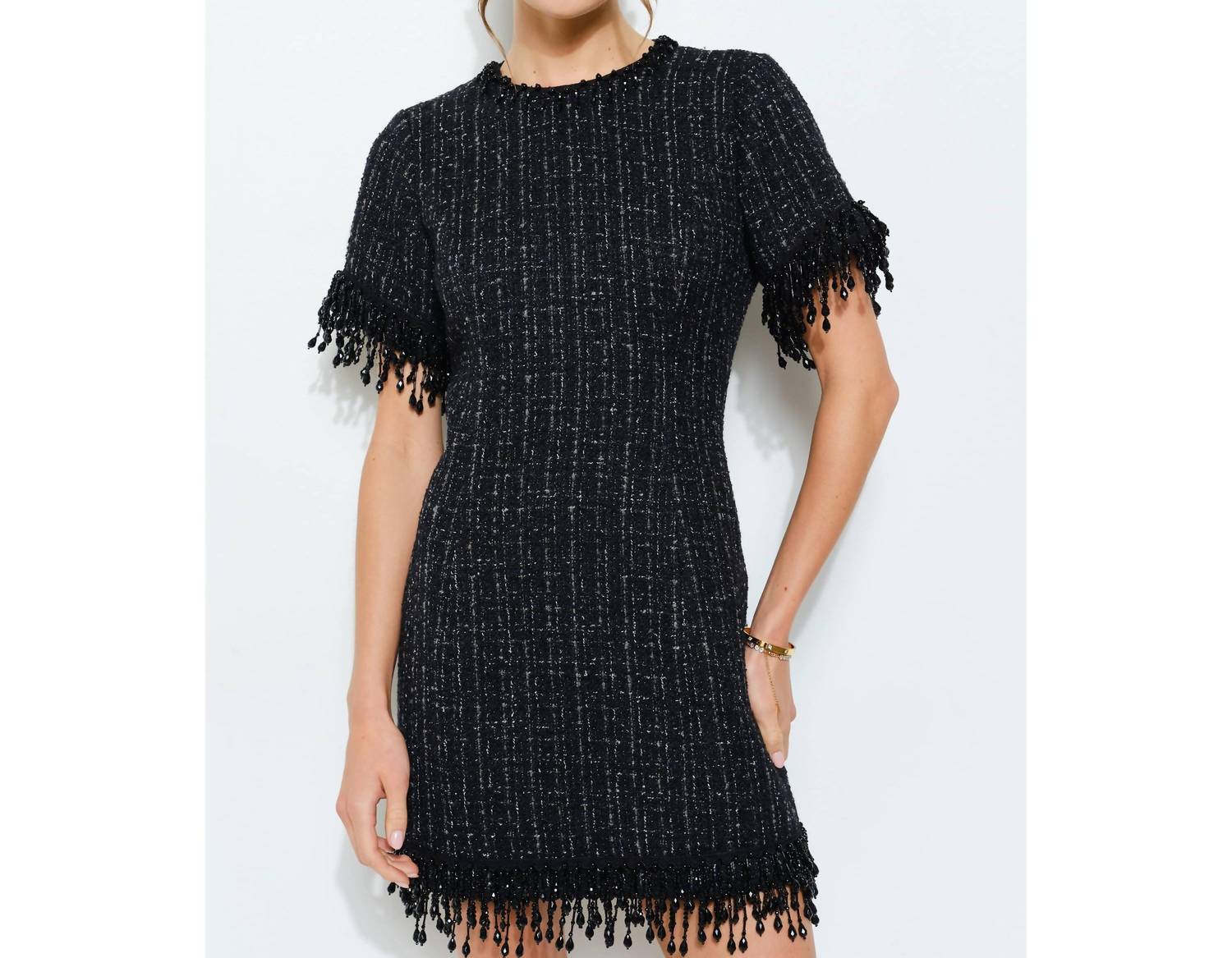 Ina Fashion - Beaded Fringe Tweed Mini Dress