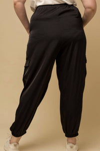 GILLI Drawstring Satin Cargo Joggers - Plus in black - women's pants - detail view
