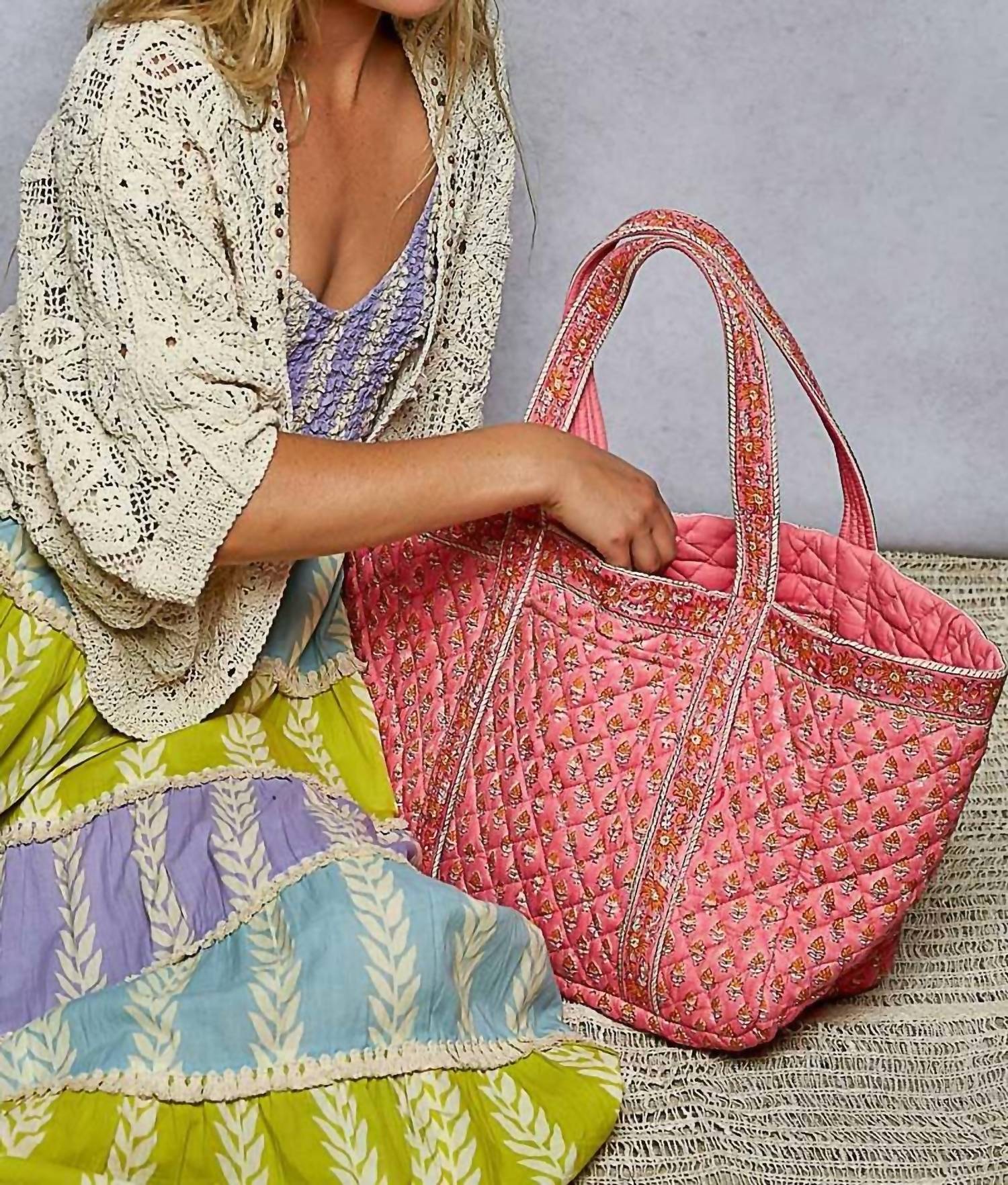 Pol - Bohemian Roomy Fit Floral Print Woven Tote Bag