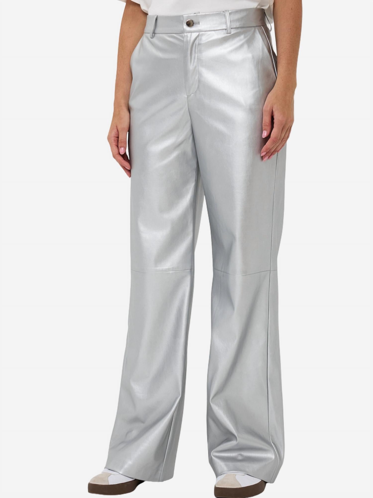 ESQUALO Trouser Wide Leg Vegan Leather Pant in silver - women's pants