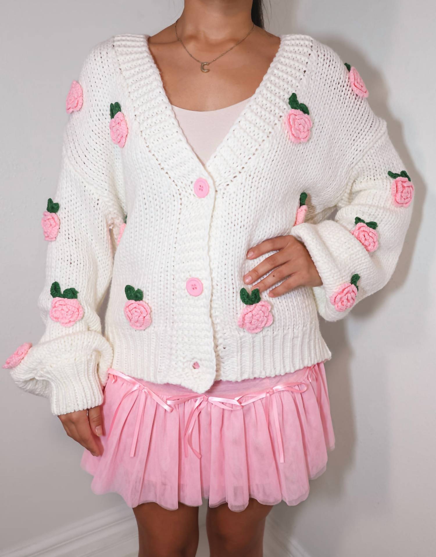 Main Strip Pretty Blossom Charm Knit Cardigan in white - women's cardigan