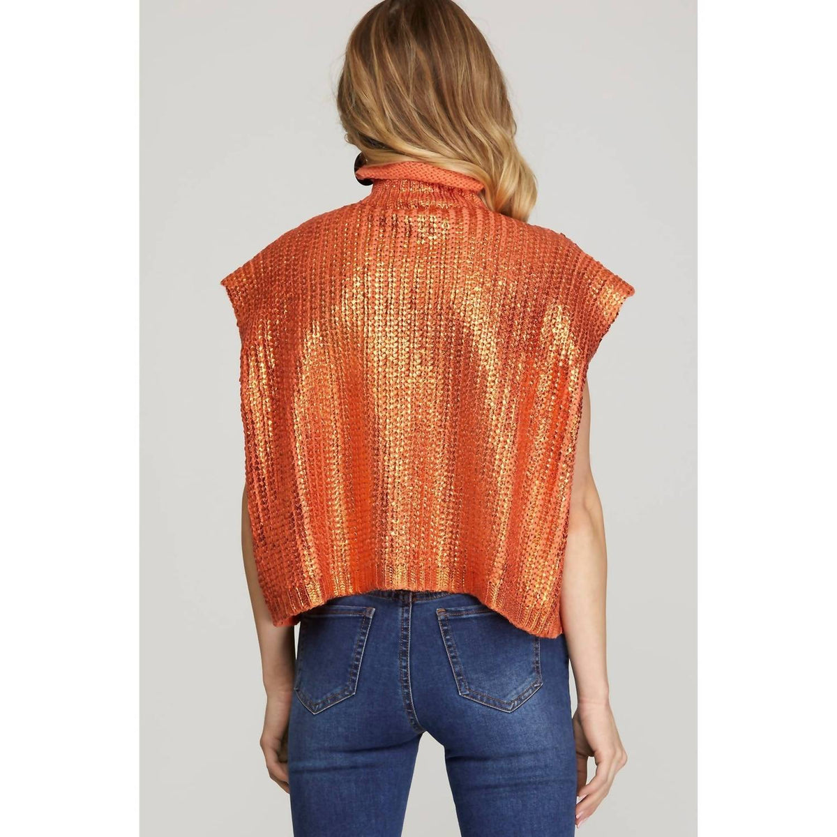 She + Sky - Metallic Foil Short Sleeve Sweater Top