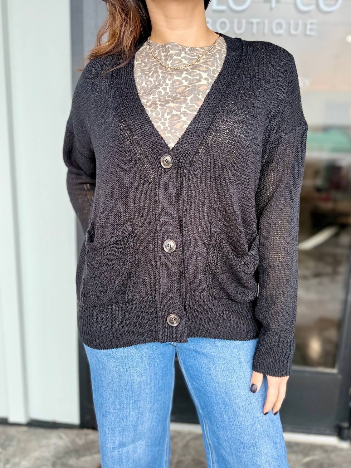 ee:some V-neck Button Down Cardigan in black - women's cardigan - alternate view