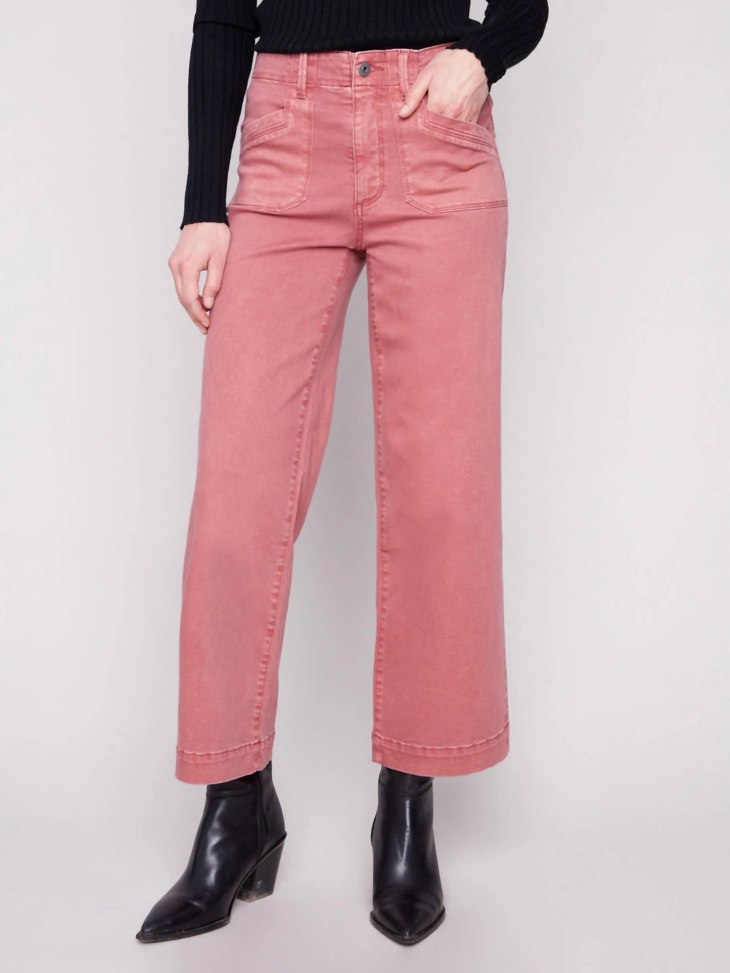 CHARLIE B Primrose Twill Wide Leg Pants in cranberry - women's jeans
