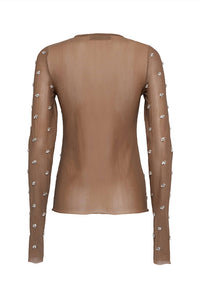 Tela Women's Lux Beaded Top in tan - women's long sleeve top - detail view