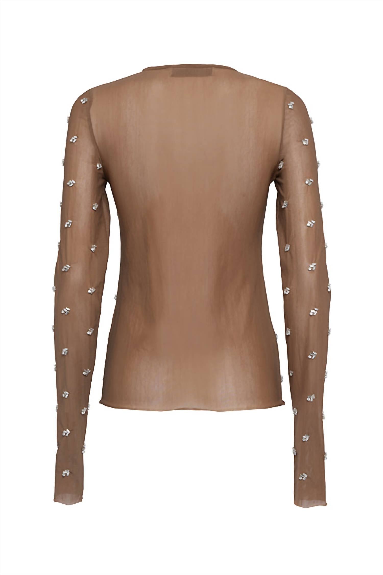 Tela Women's Lux Beaded Top in tan - women's long sleeve top - detail view