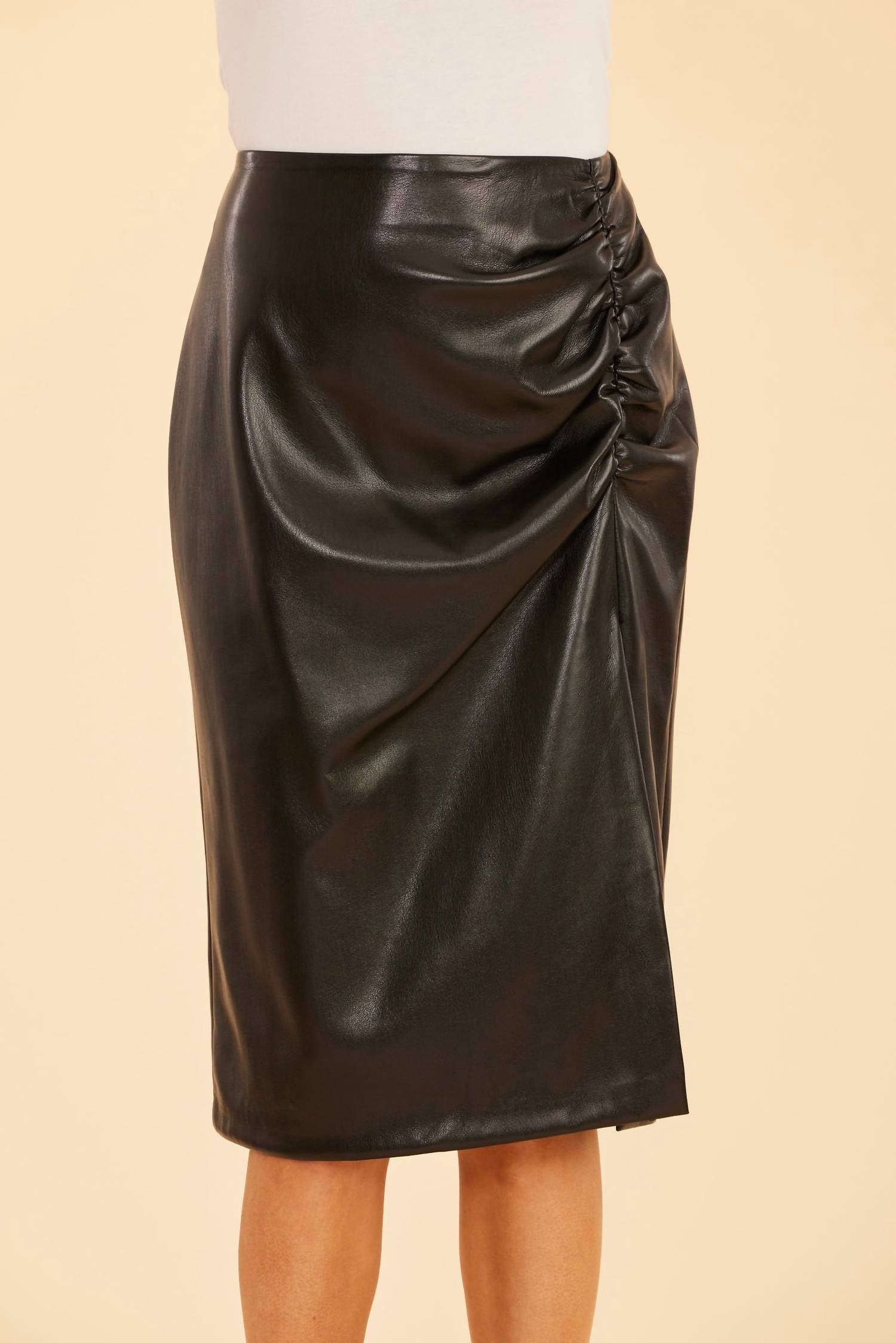 Dolce Cabo - Faux Leather Ruched Side Slit Skirt