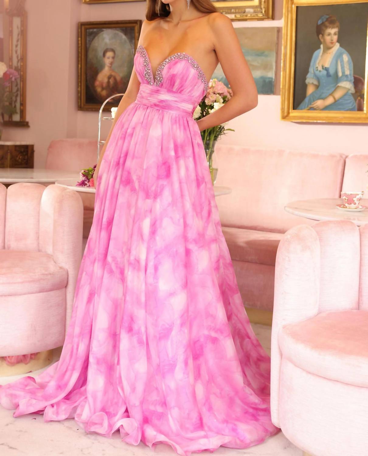 Ava Presley Strapless Beaded Formal Gown in pink - women's dress - detail view