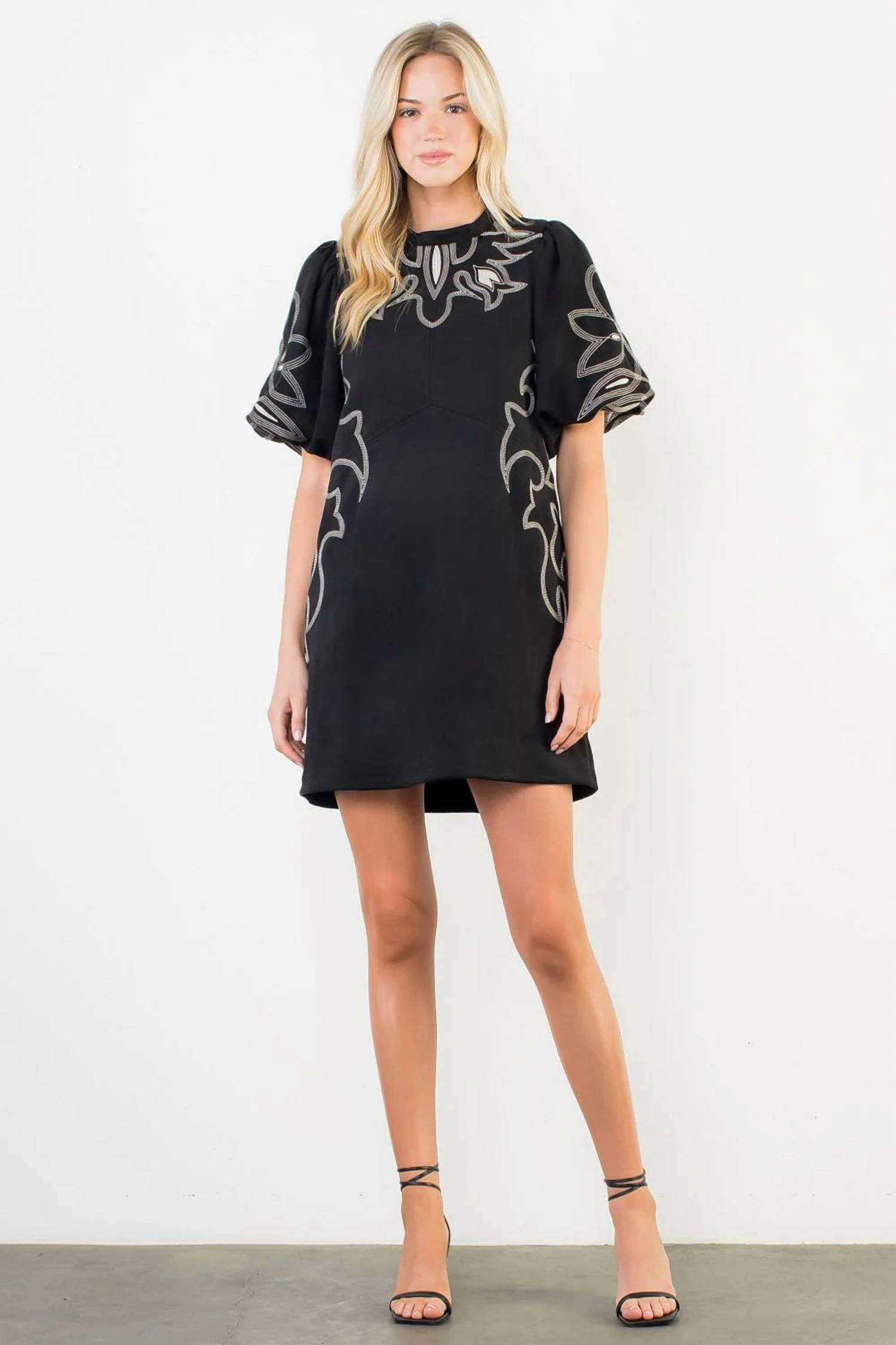 Thml - Puff Sleeve Embroidery Detail Suede Dress