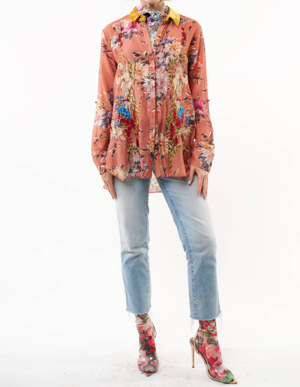 Aratta Gardenia Embroidered Shirt in antique copper - women's shirt - detail view