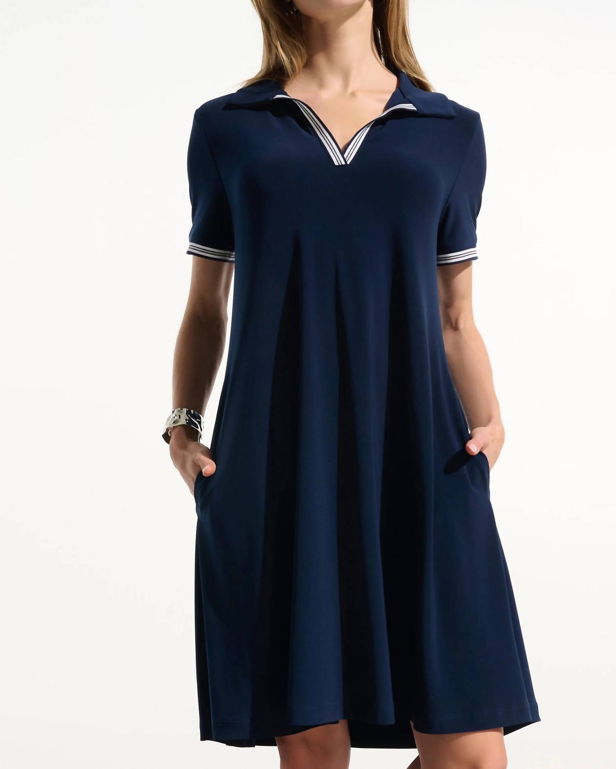 Joseph Ribkoff Silky Knit Trapeze Dress with Polo Collar in indigo - women's dress - detail view