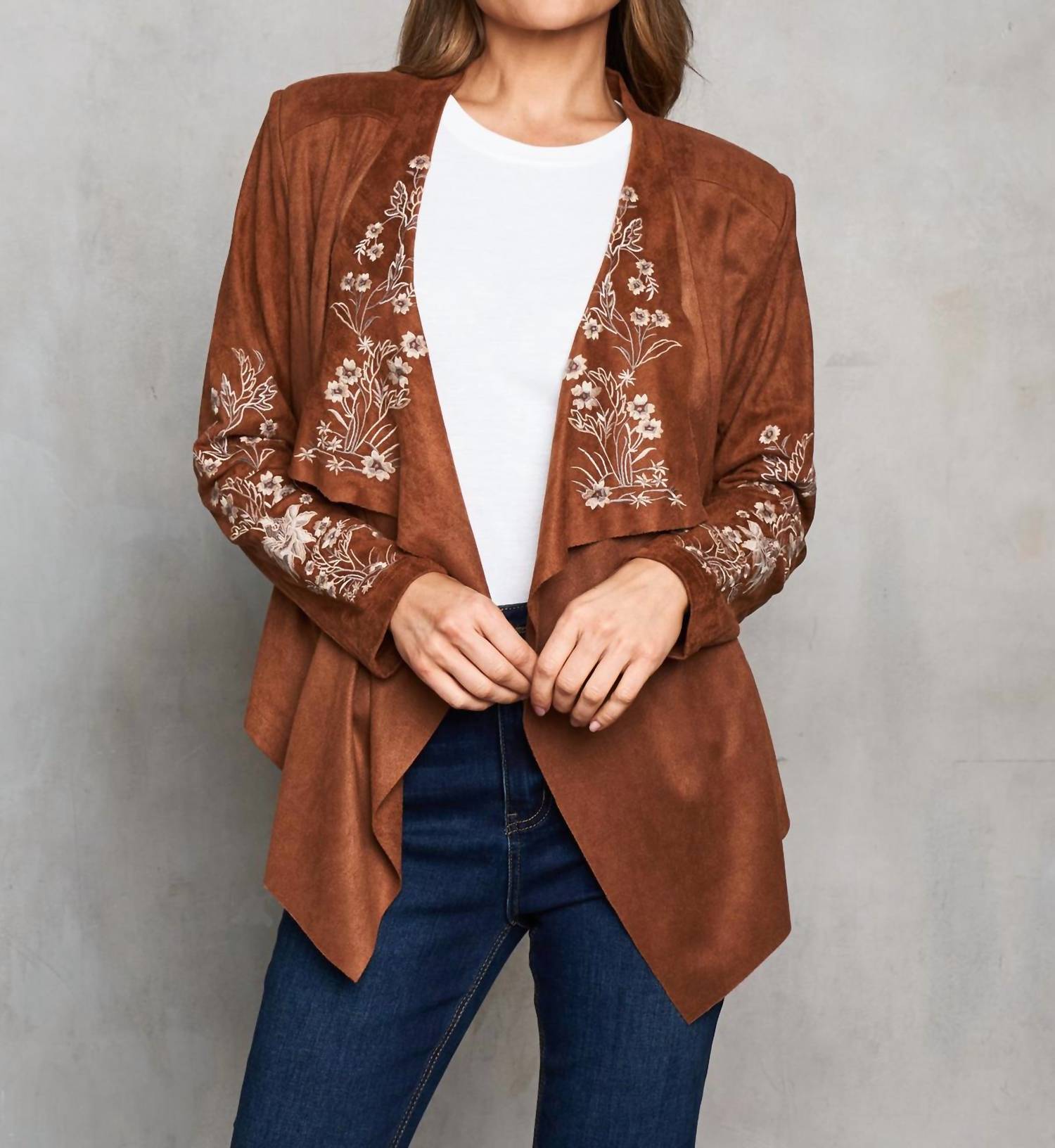 Paparazzi - Faux Suede Embroidered Open Front Short Jacket