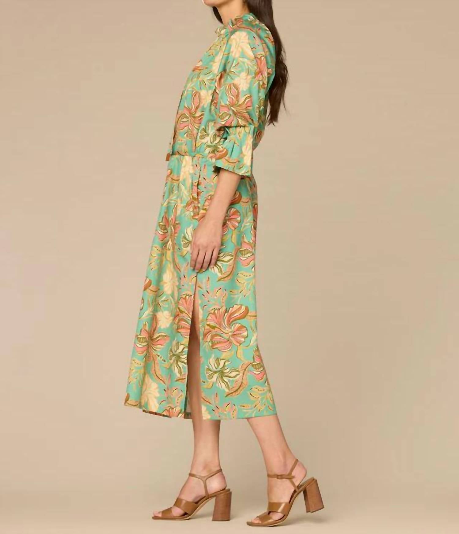 Democracy - 3/4 Sleeve Ruched Neck Printed Dress