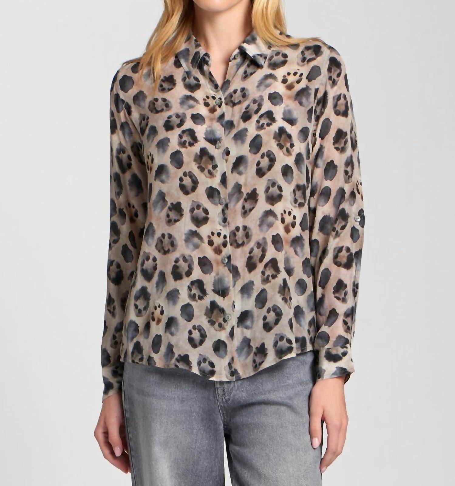 APNY Roll-up Sleeves Button-up Blouse in latte multi - women's blouse