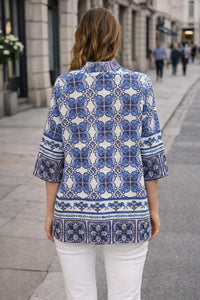 Jade Print Relaxed top in blue damask - women's long sleeve top - detail view