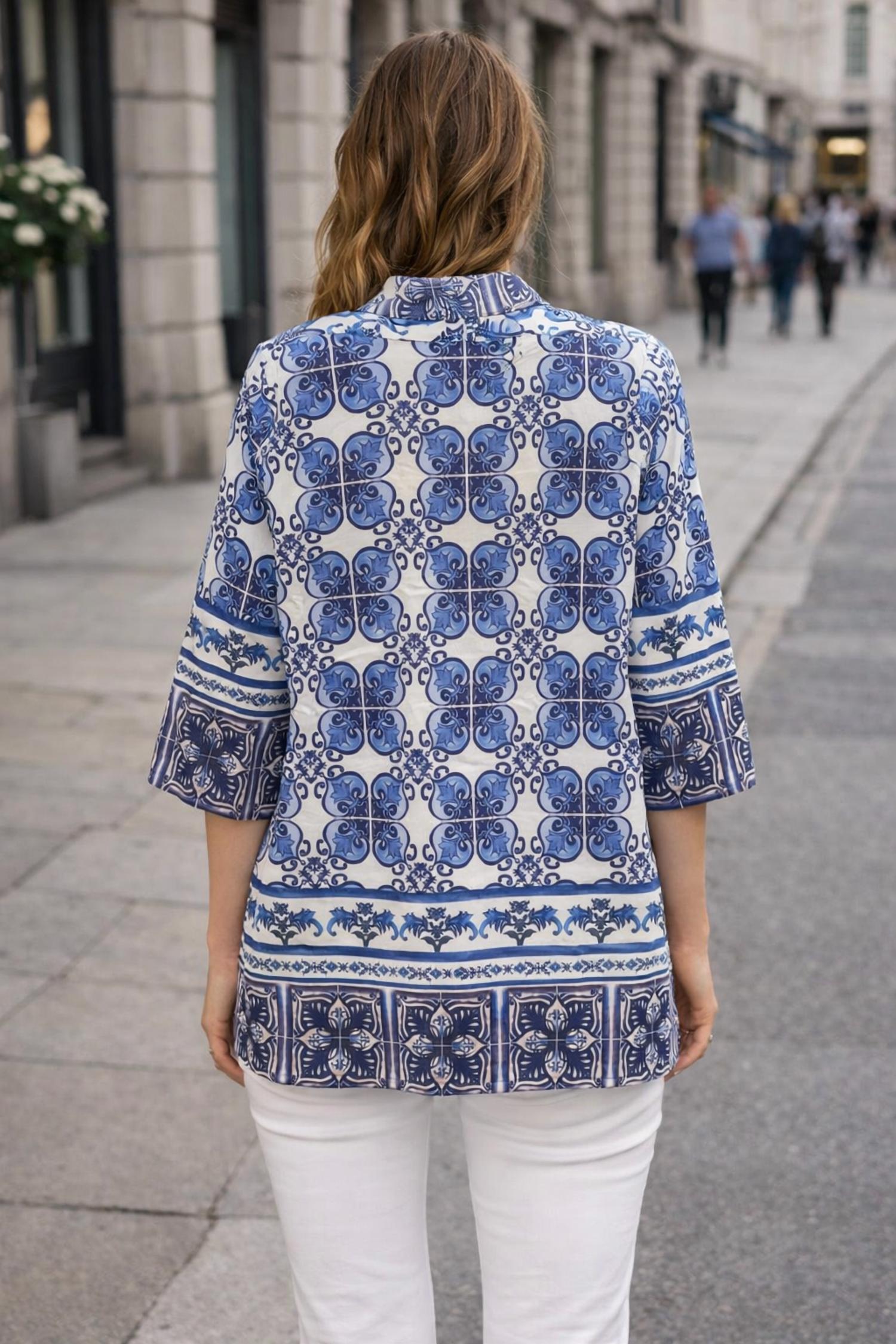 Jade Print Relaxed top in blue damask - women's long sleeve top - detail view