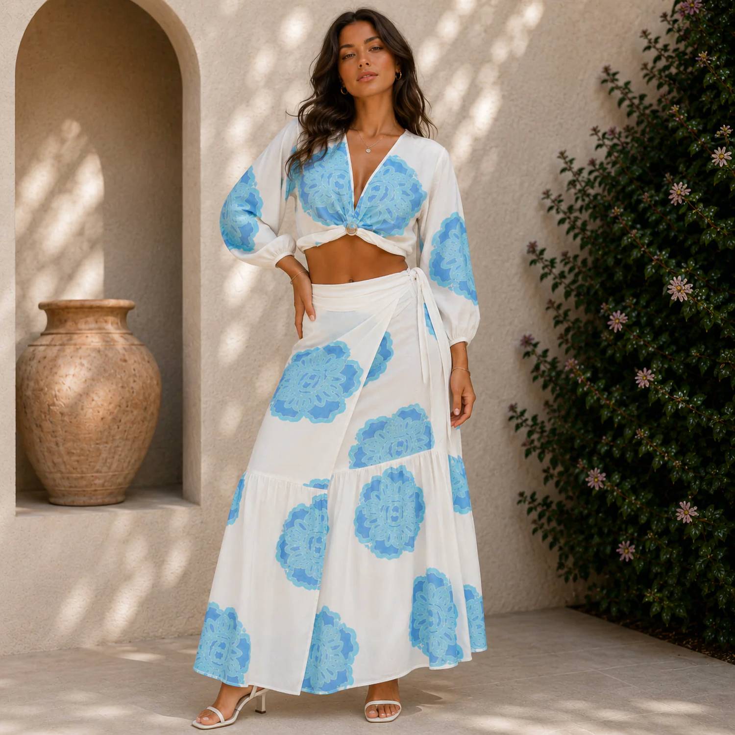 Mystery Resort - Azure Bloom Long Sleeve Maxi Skirt Set