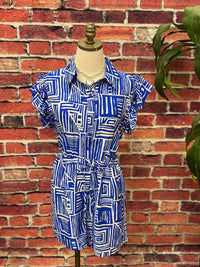 Jodifl Women's Geo Print Ruffle Sleeve Romper in royal blue - women's pants