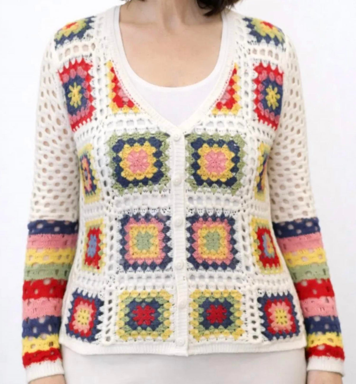 Pine Apparel - patchwork button front crochet cardigan